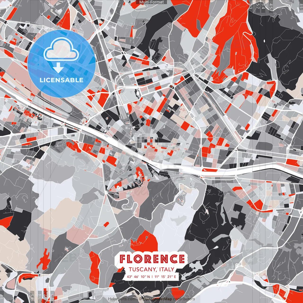 Florence, Tuscany, Italy - modern street map poster template with gray and red tones