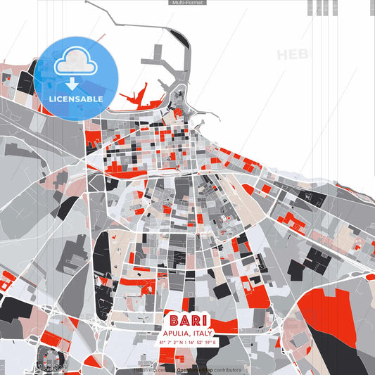 Bari, Apulia, Italy - modern street map poster template with gray and red tones