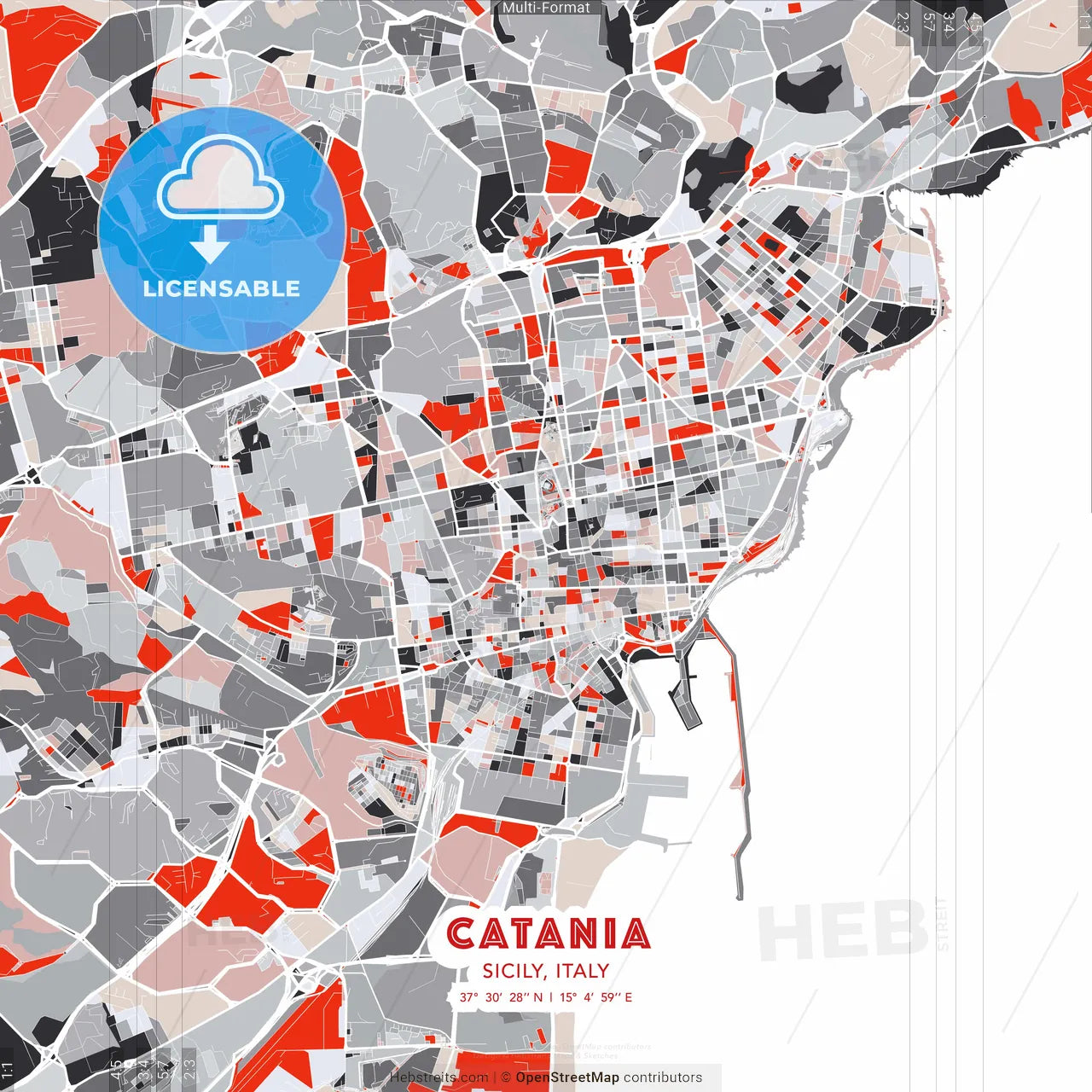 Catania, Sicily, Italy - modern street map poster template with gray and red tones