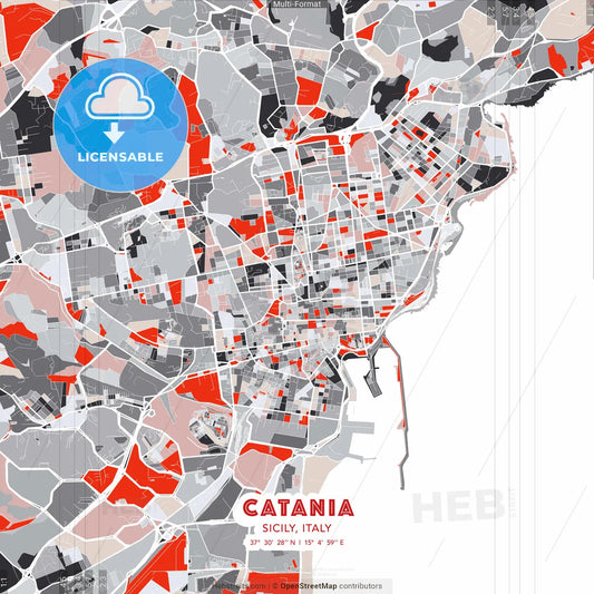 Catania, Sicily, Italy - modern street map poster template with gray and red tones