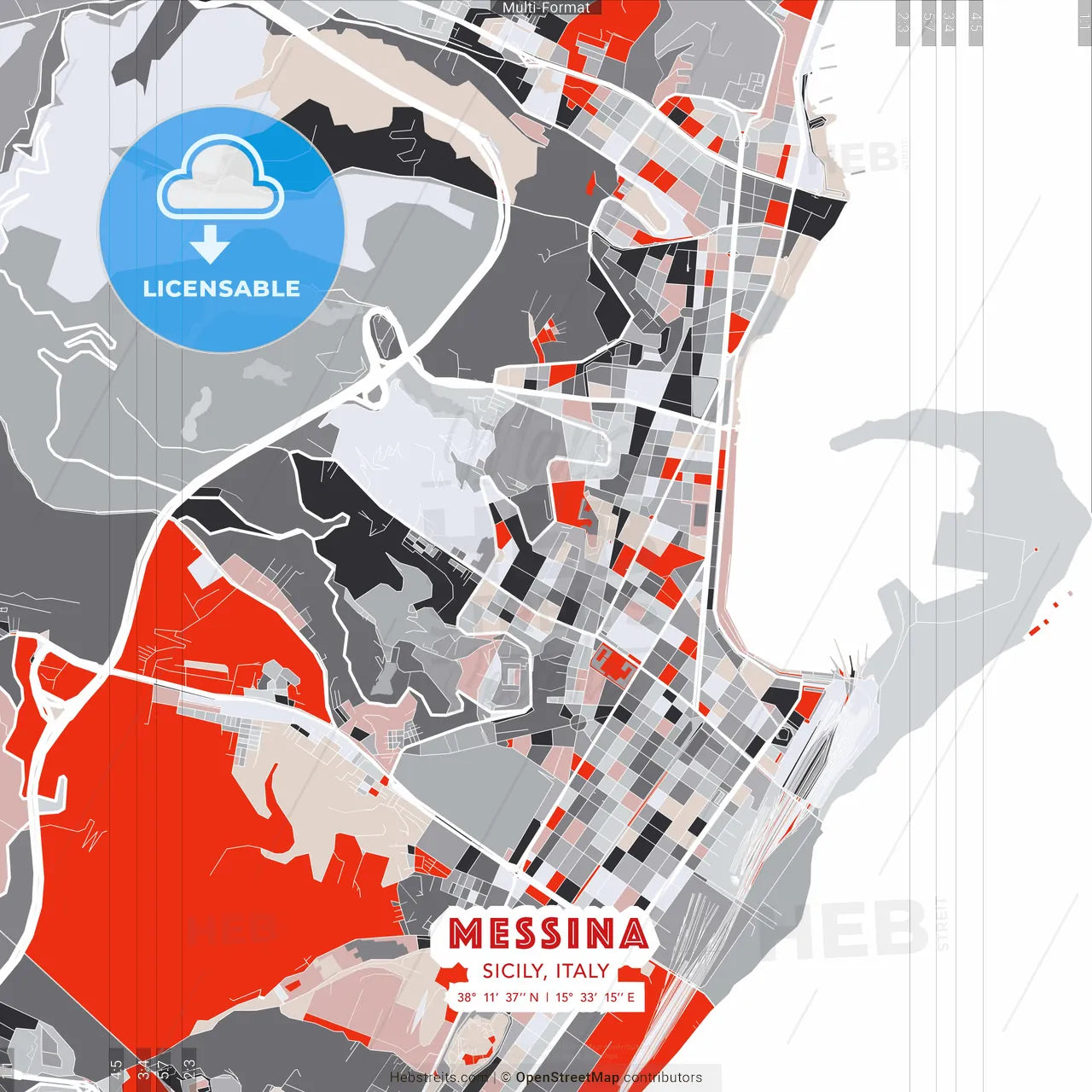 Messina, Sicily, Italy - modern street map poster template with gray and red tones