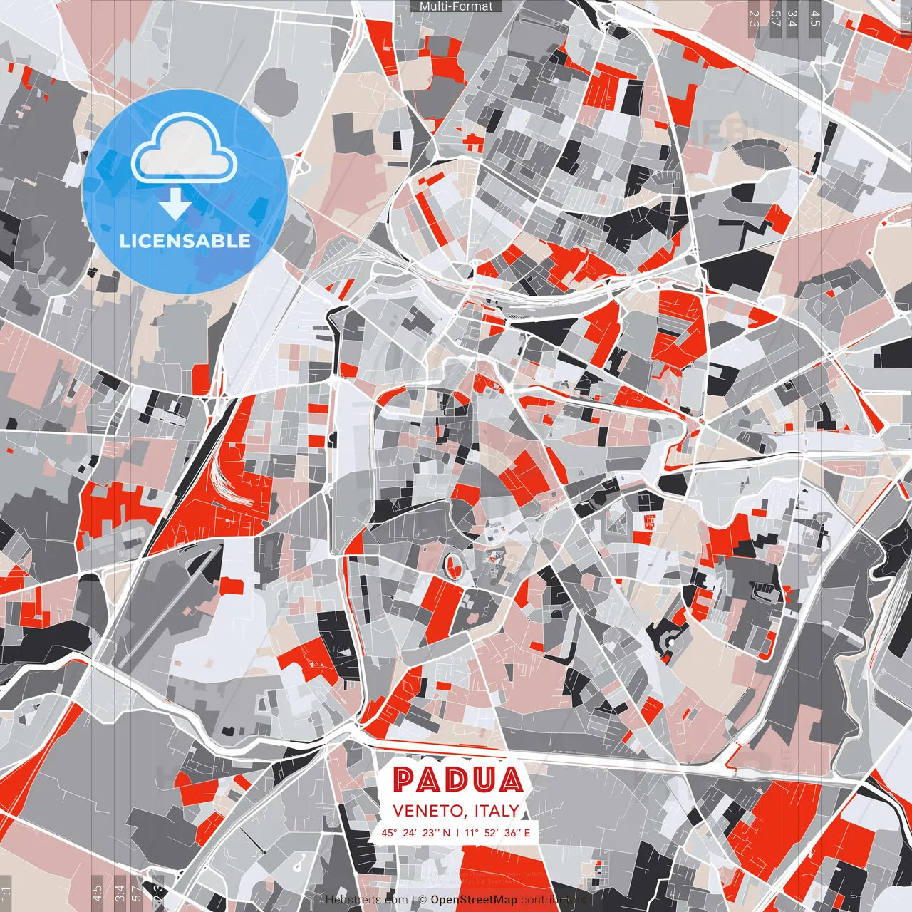Padua, Veneto, Italy - modern street map poster template with gray and red tones