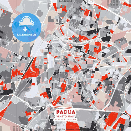 Padua, Veneto, Italy - modern street map poster template with gray and red tones
