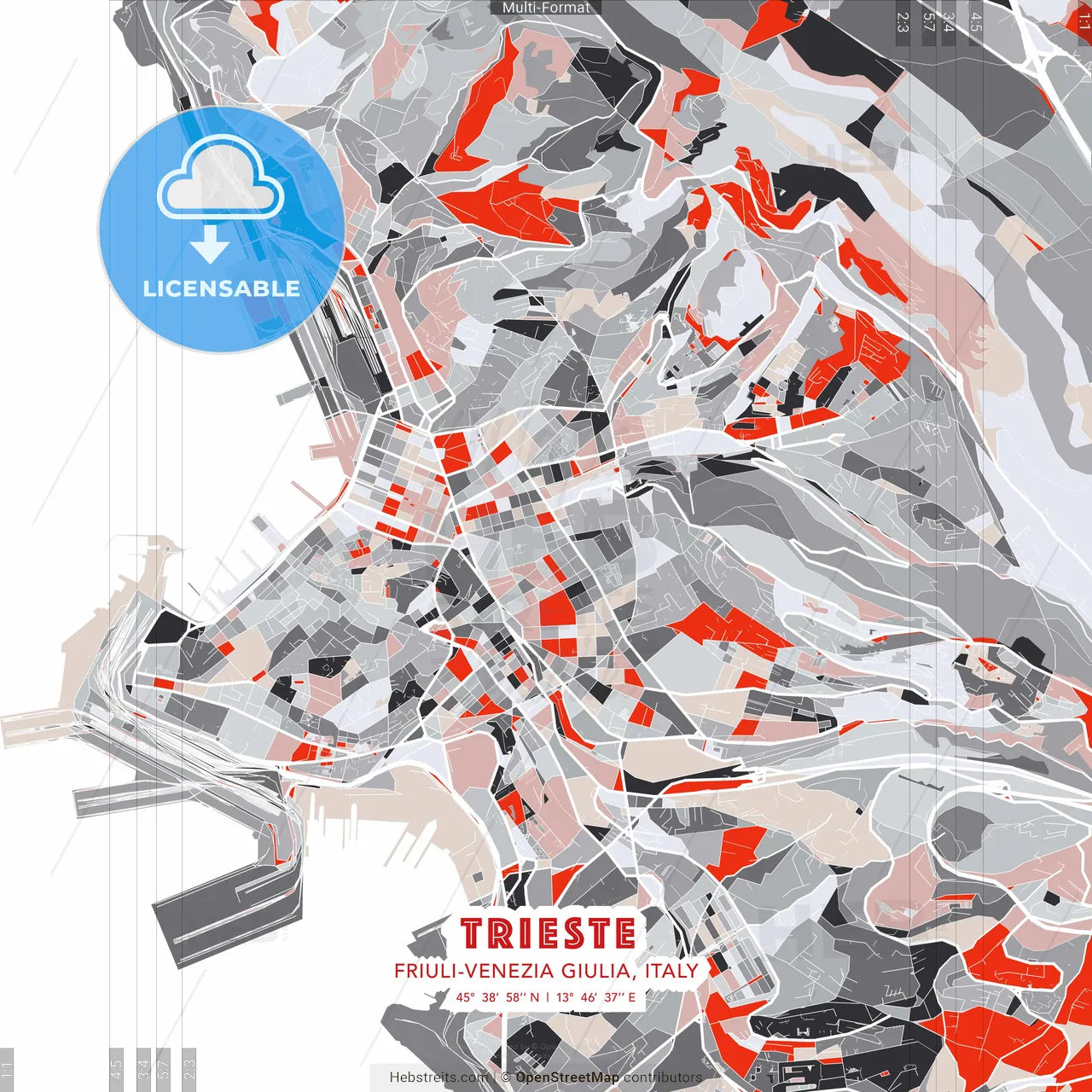Trieste, Friuli-Venezia Giulia, Italy - modern street map poster template with gray and red tones