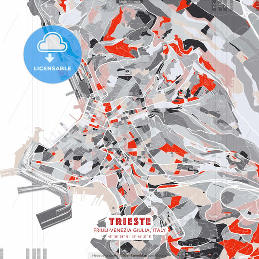 Trieste, Friuli-Venezia Giulia, Italy - modern street map poster template with gray and red tones