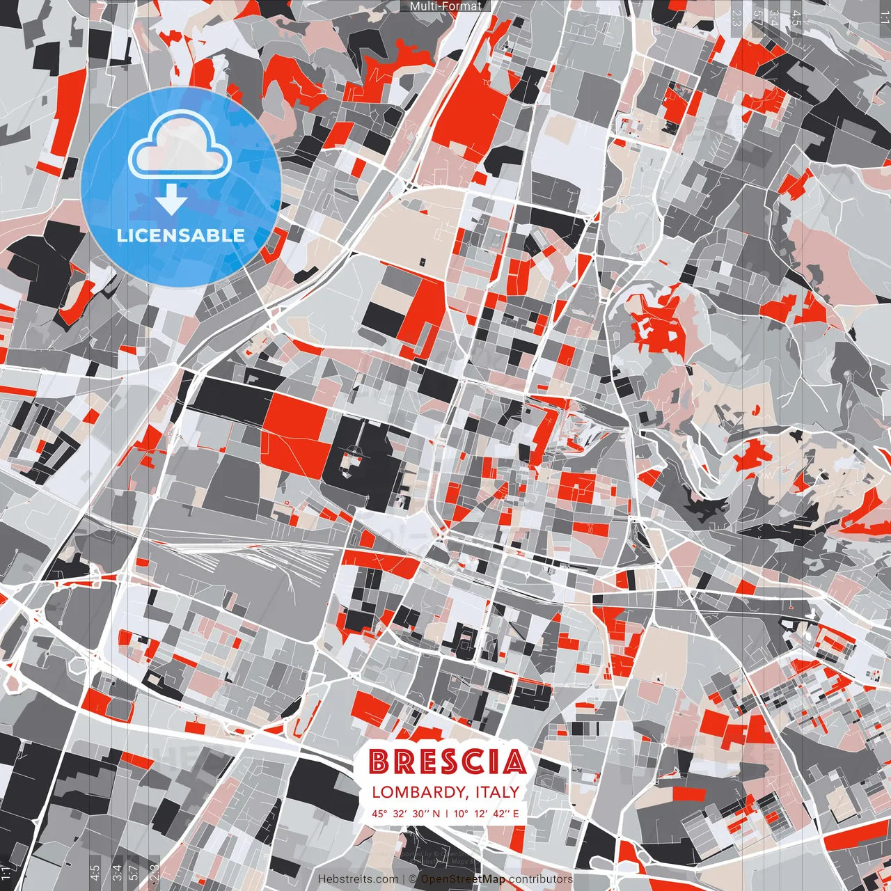 Brescia, Lombardy, Italy - modern street map poster template with gray and red tones