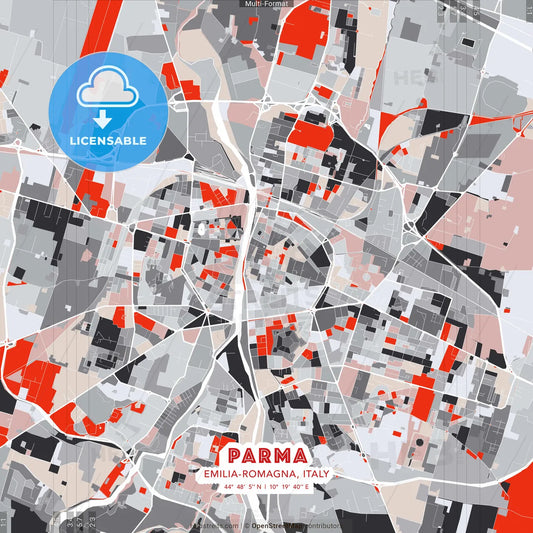 Parma, Emilia-Romagna, Italy - modern street map poster template with gray and red tones