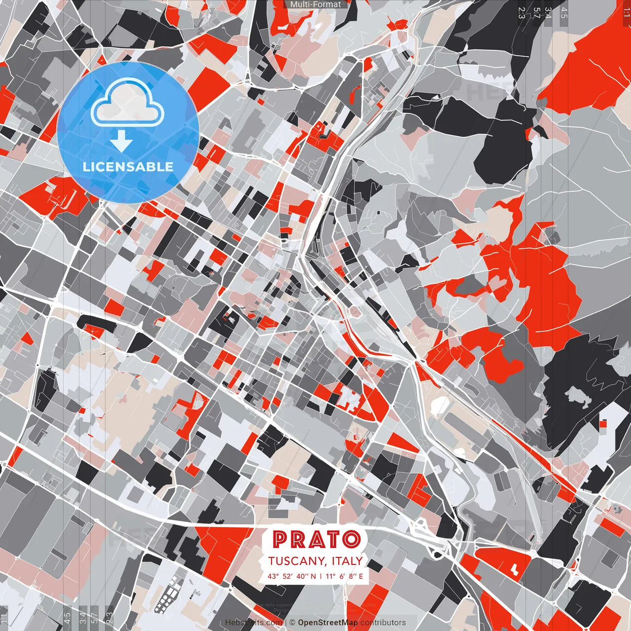 Prato, Tuscany, Italy - modern street map poster template with gray and red tones