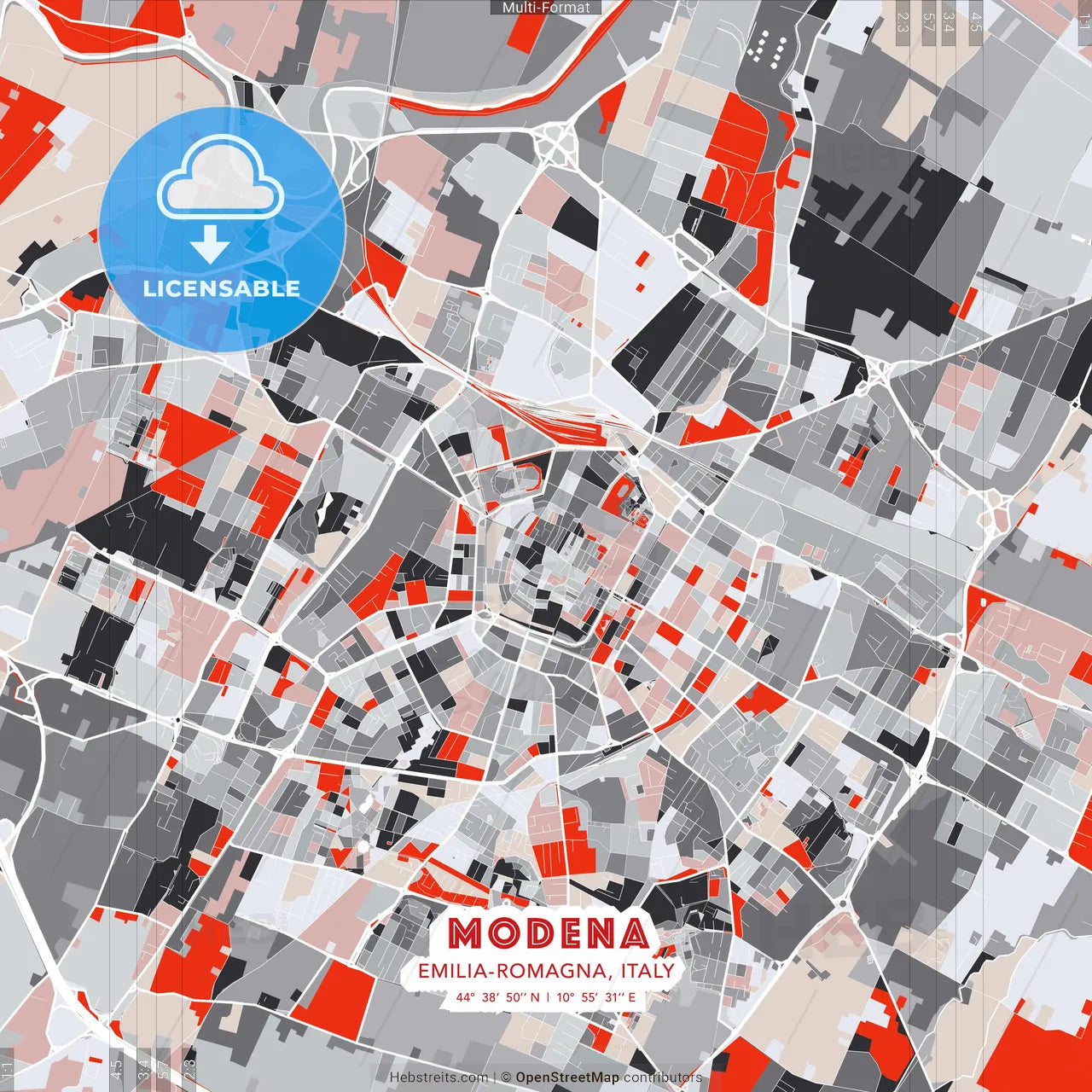 Modena, Emilia-Romagna, Italy - modern street map poster template with gray and red tones