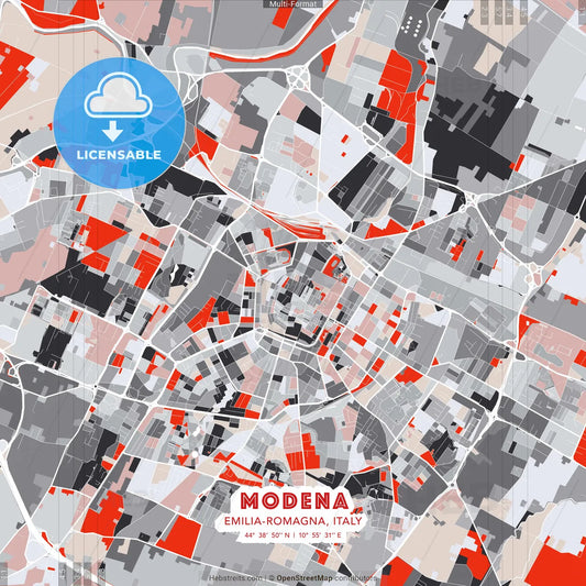 Modena, Emilia-Romagna, Italy - modern street map poster template with gray and red tones