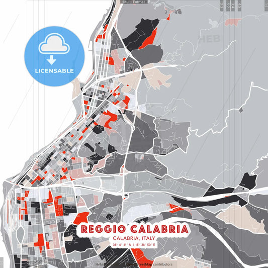 Reggio Calabria, Calabria, Italy - modern street map poster template with gray and red tones