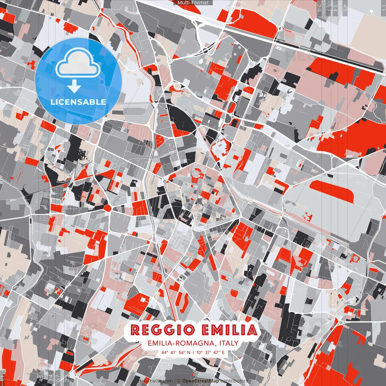 Reggio Emilia, Emilia-Romagna, Italy - modern street map poster template with gray and red tones