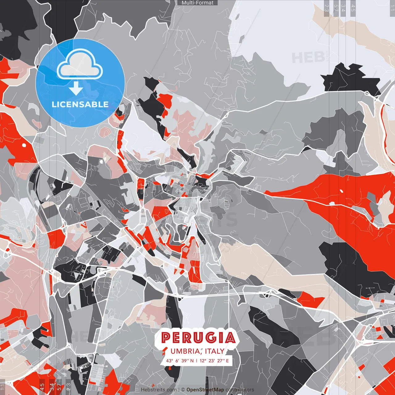 Perugia, Umbria, Italy - modern street map poster template with gray and red tones