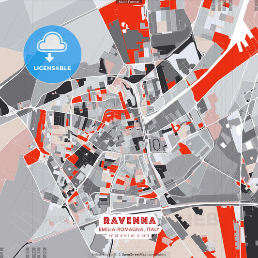 Ravenna, Emilia-Romagna, Italy - modern street map poster template with gray and red tones