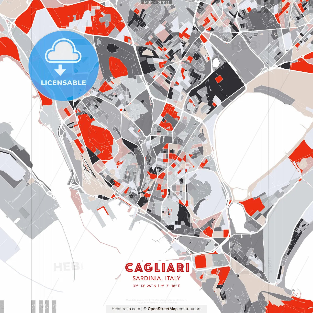Cagliari, Sardinia, Italy - modern street map poster template with gray and red tones