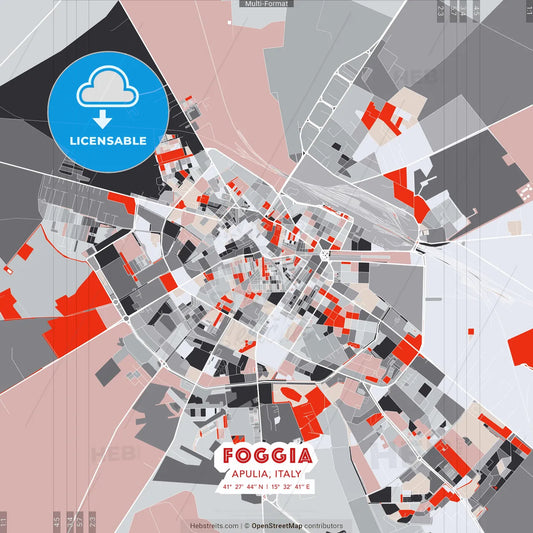 Foggia, Apulia, Italy - modern street map poster template with gray and red tones