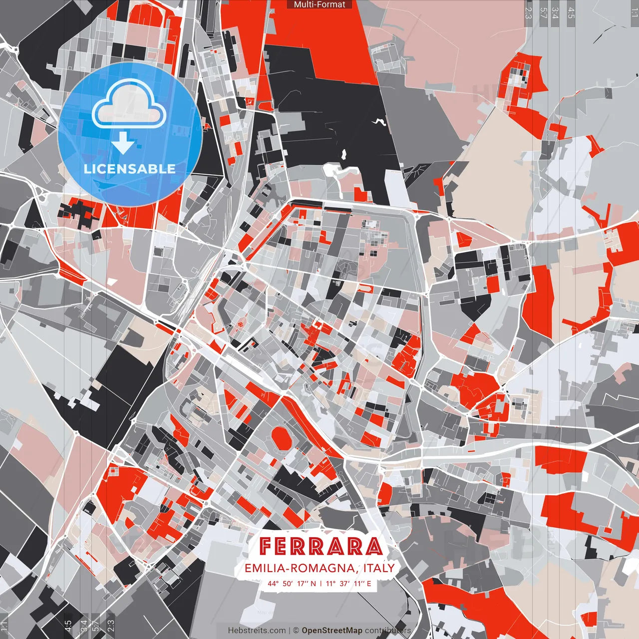 Ferrara, Emilia-Romagna, Italy - modern street map poster template with gray and red tones