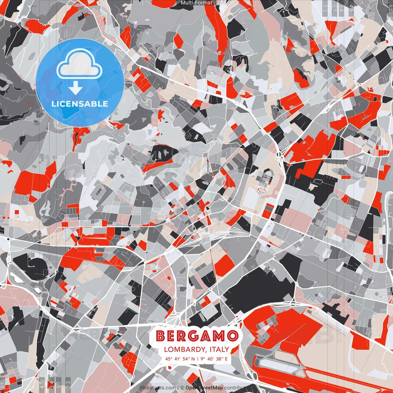 Bergamo, Lombardy, Italy - modern street map poster template with gray and red tones