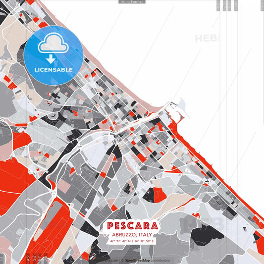 Pescara, Abruzzo, Italy - modern street map poster template with gray and red tones