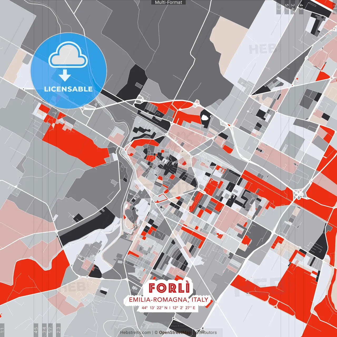Forlì, Emilia-Romagna, Italy - modern street map poster template with gray and red tones