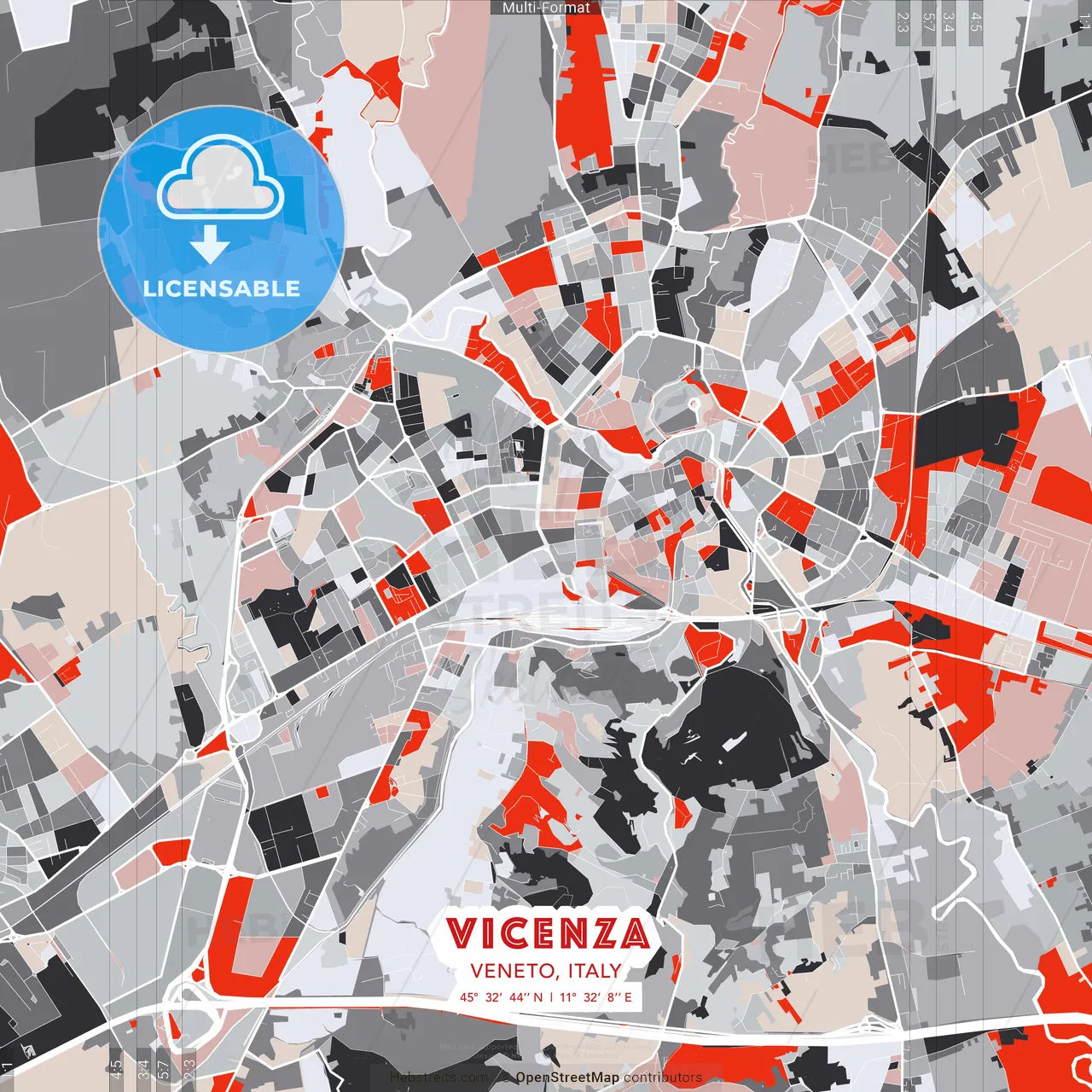 Vicenza, Veneto, Italy - modern street map poster template with gray and red tones