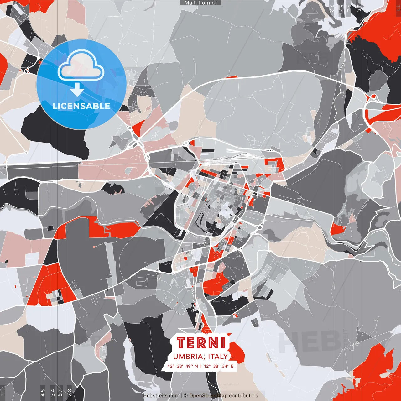 Terni, Umbria, Italy - modern street map poster template with gray and red tones