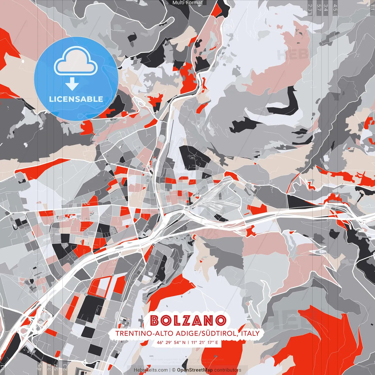 Bolzano, Trentino-Alto Adige/Südtirol, Italy - modern street map poster template with gray and red tones