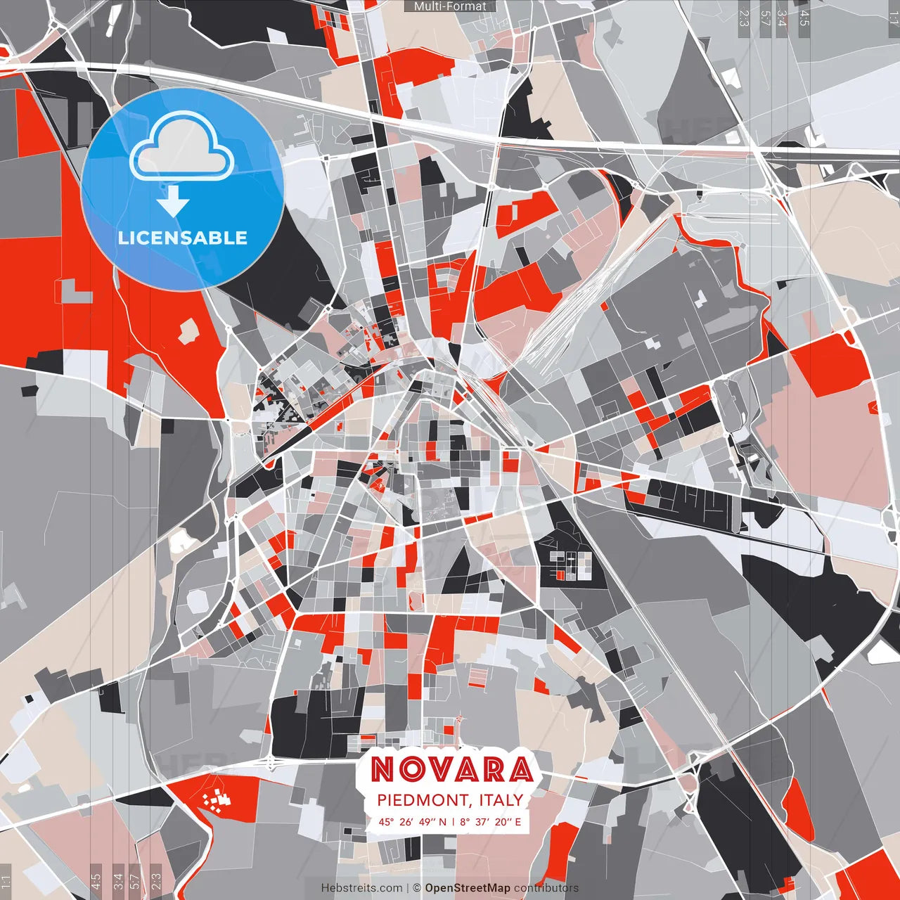 Novara, Piedmont, Italy - modern street map poster template with gray and red tones