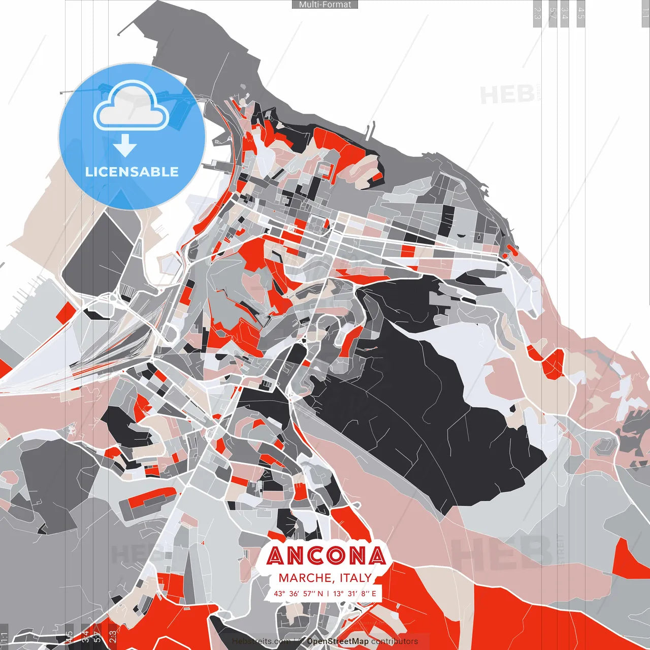 Ancona, Marche, Italy - modern street map poster template with gray and red tones