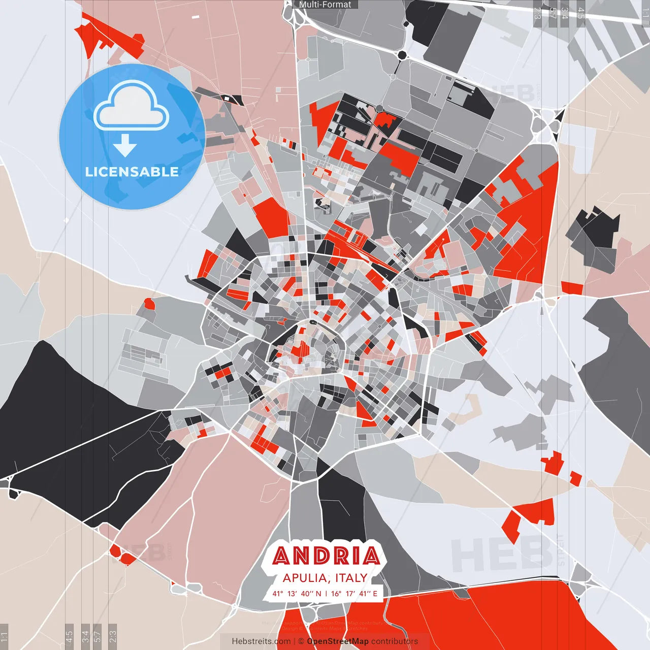 Andria, Apulia, Italy - modern street map poster template with gray and red tones