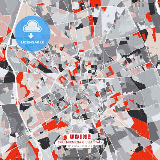 Udine, Friuli-Venezia Giulia, Italy - modern street map poster template with gray and red tones