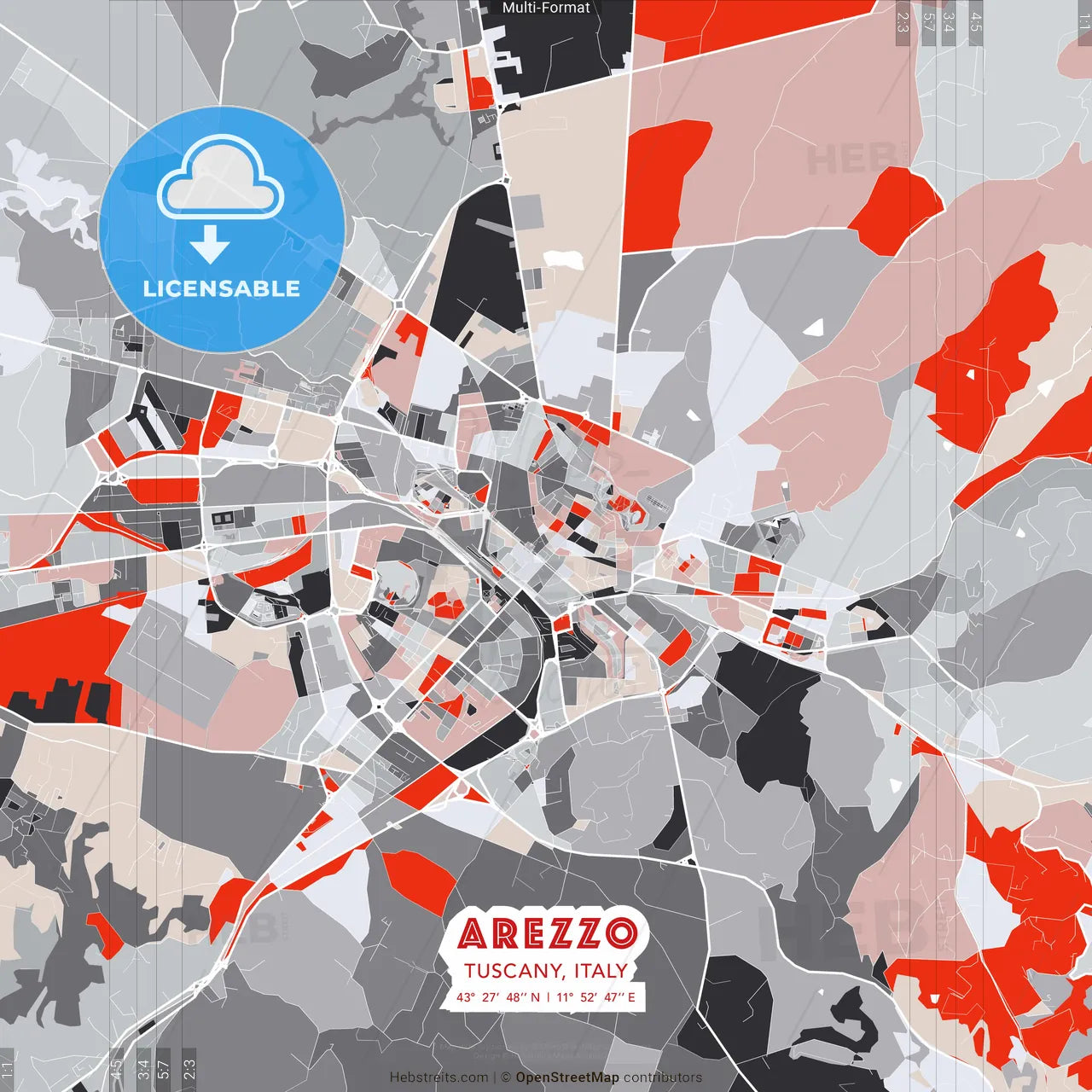 Arezzo, Tuscany, Italy - modern street map poster template with gray and red tones