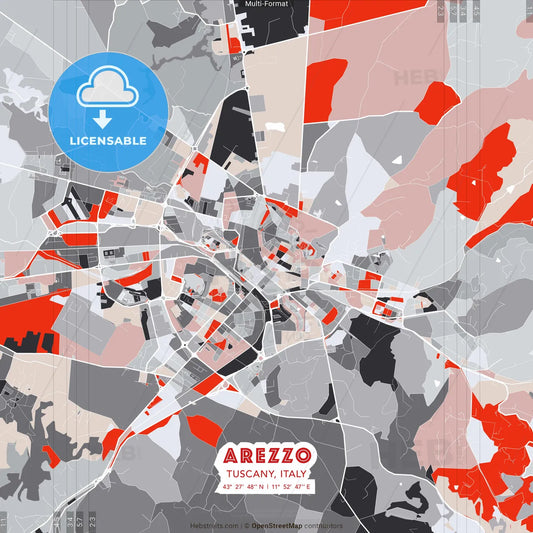 Arezzo, Tuscany, Italy - modern street map poster template with gray and red tones
