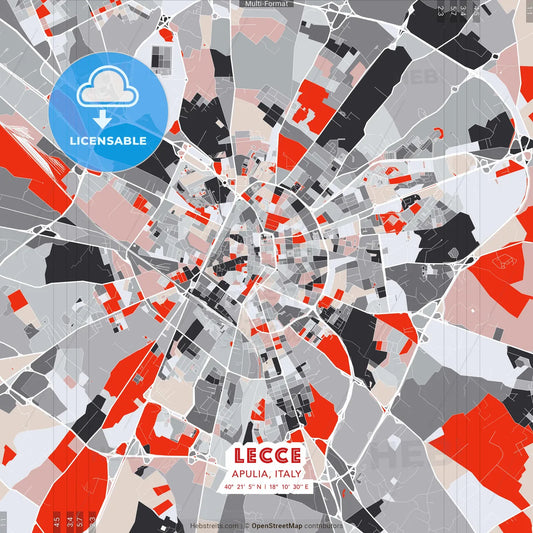 Lecce, Apulia, Italy - modern street map poster template with gray and red tones