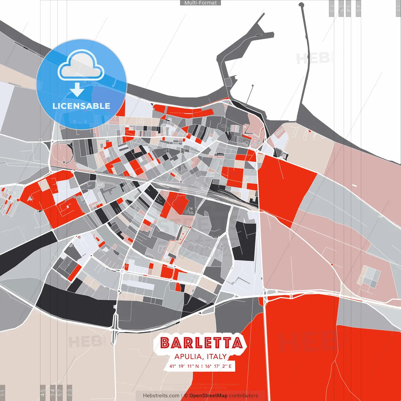 Barletta, Apulia, Italy - modern street map poster template with gray and red tones