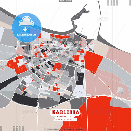 Barletta, Apulia, Italy - modern street map poster template with gray and red tones