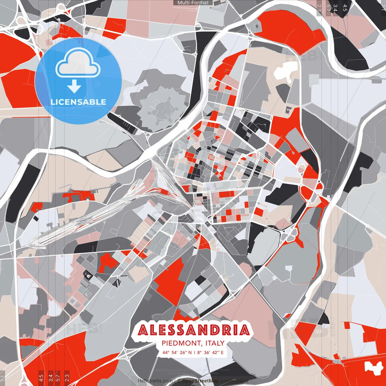 Alessandria, Piedmont, Italy - modern street map poster template with gray and red tones