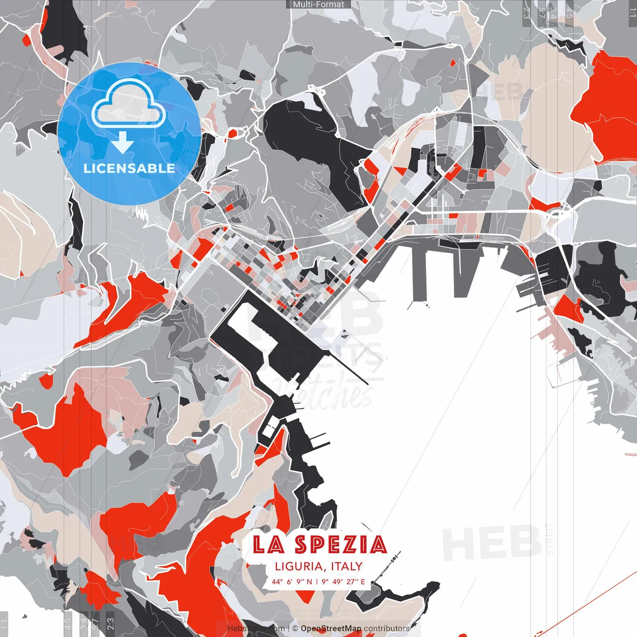 La Spezia, Liguria, Italy - modern street map poster template with gray and red tones