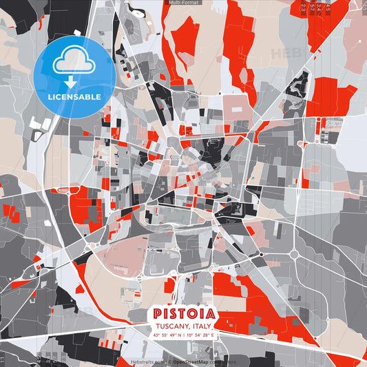 Pistoia, Tuscany, Italy - modern street map poster template with gray and red tones