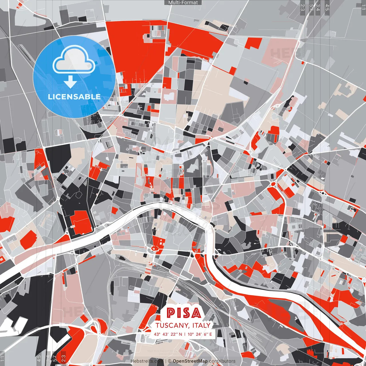 Pisa, Tuscany, Italy - modern street map poster template with gray and red tones