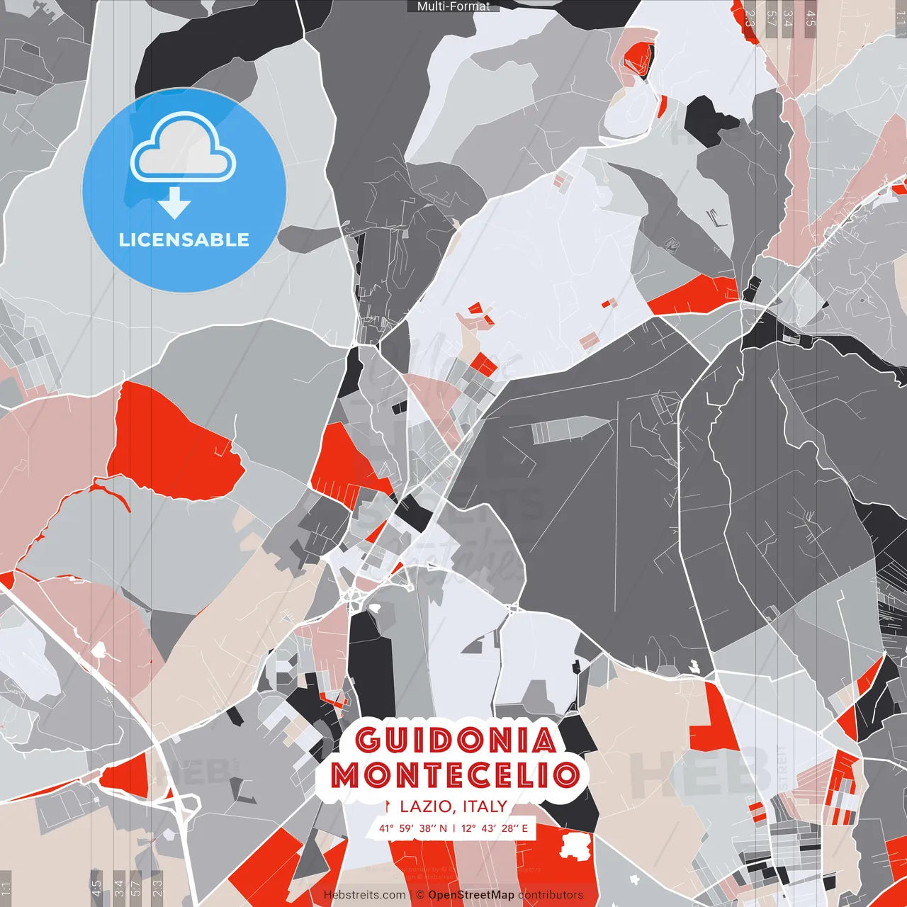 Guidonia Montecelio, Lazio, Italy - modern street map poster template with gray and red tones
