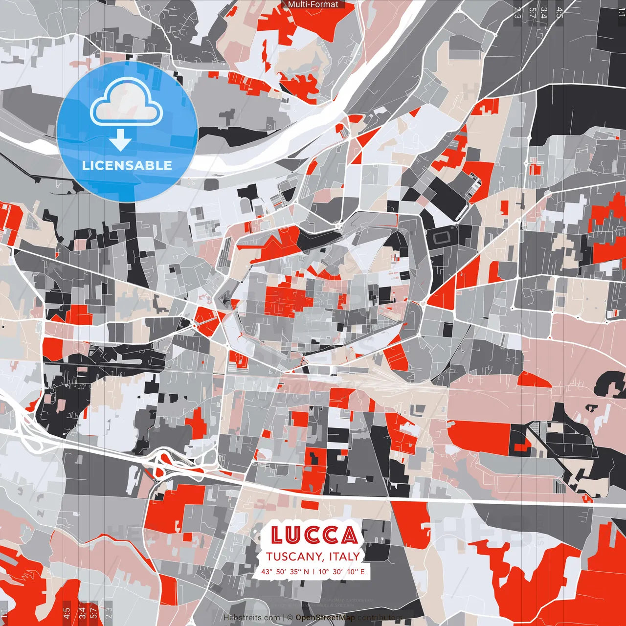 Lucca, Tuscany, Italy - modern street map poster template with gray and red tones