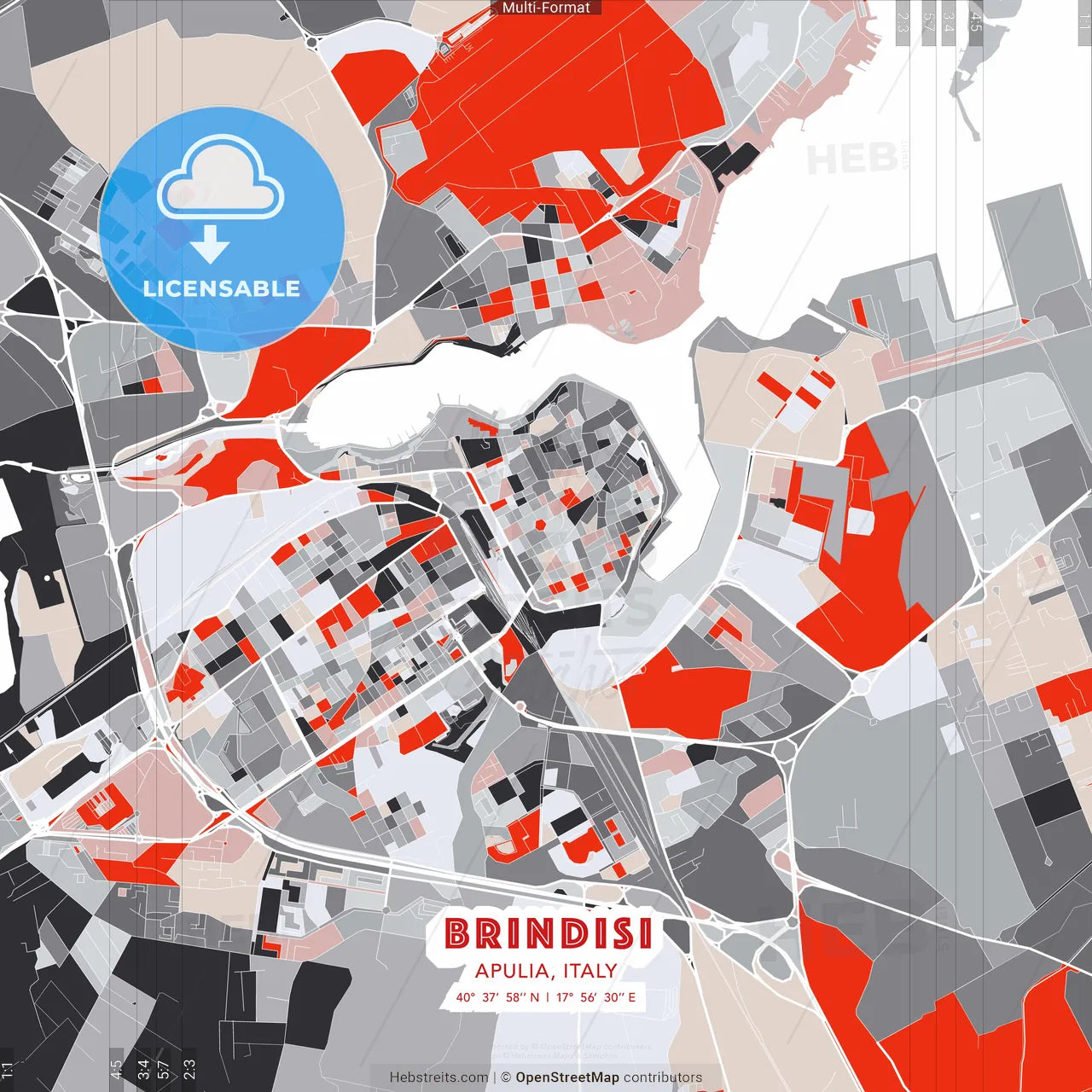 Brindisi, Apulia, Italy - modern street map poster template with gray and red tones