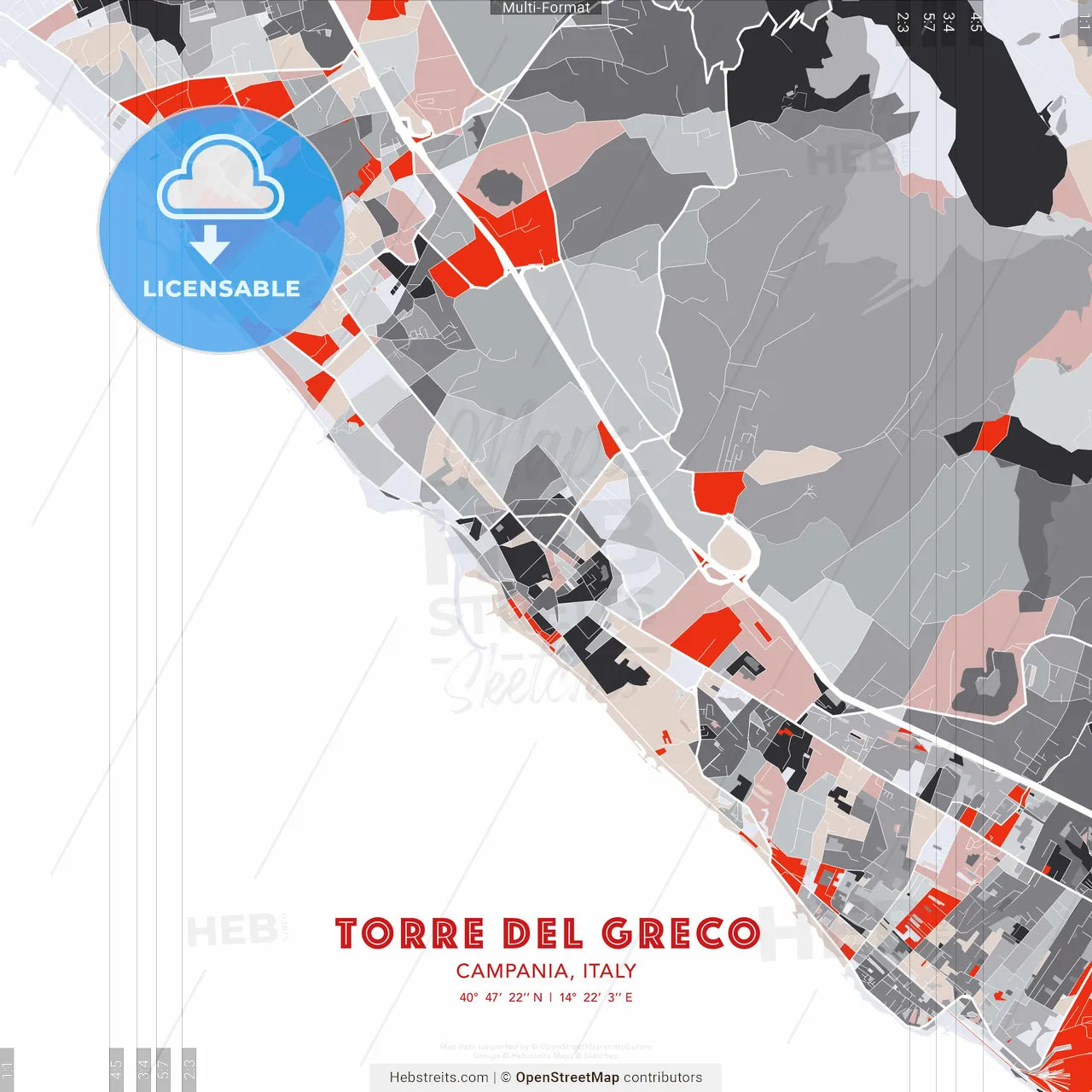 Torre del Greco, Campania, Italy - modern street map poster template with gray and red tones