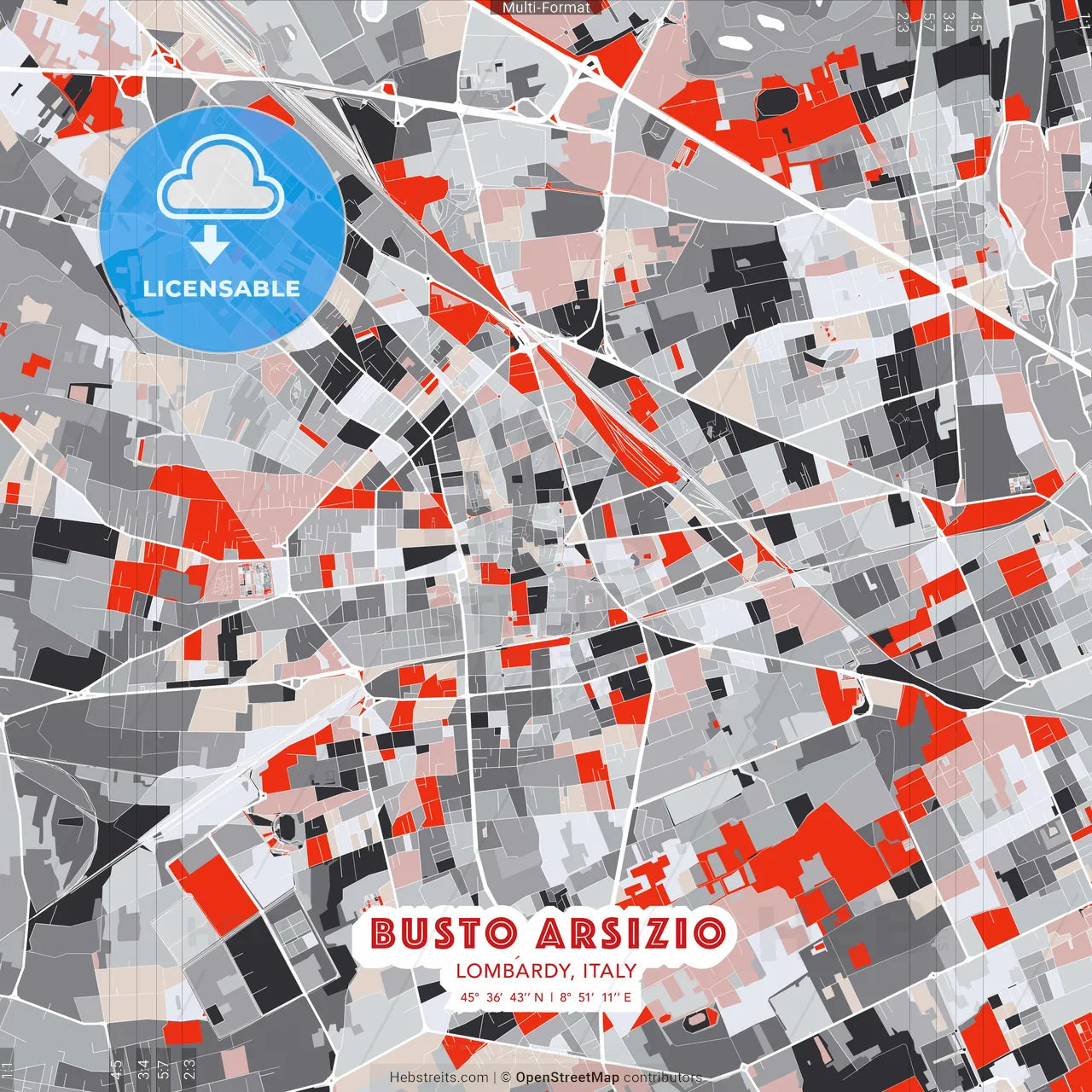 Busto Arsizio, Lombardy, Italy - modern street map poster template with gray and red tones