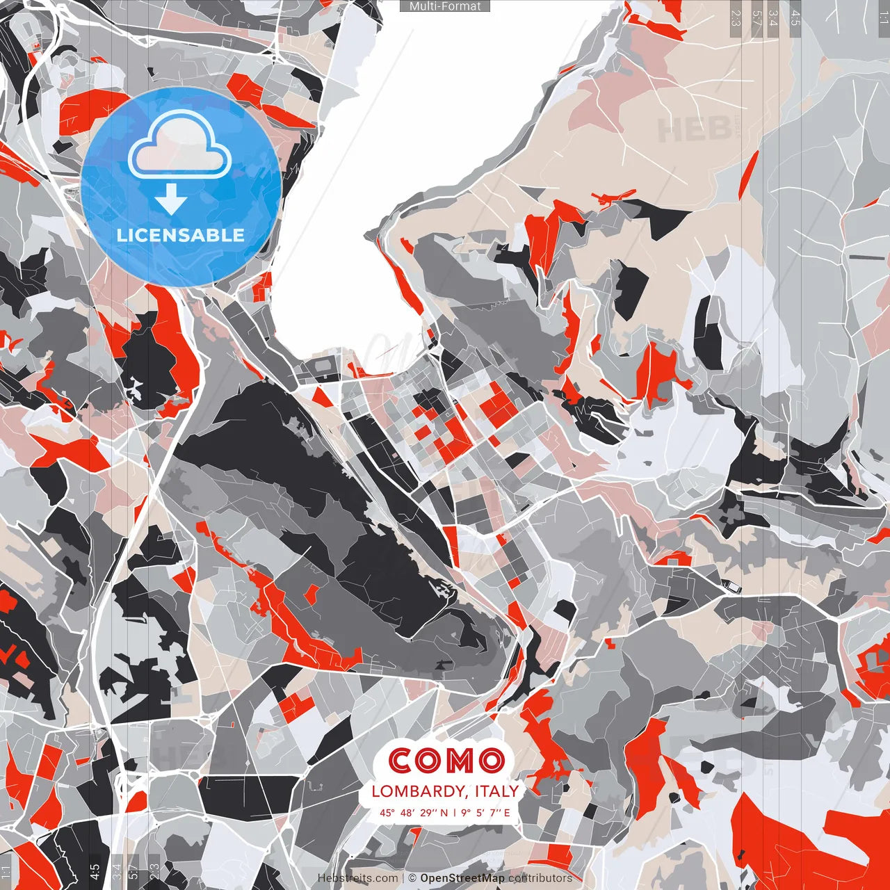 Como, Lombardy, Italy - modern street map poster template with gray and red tones