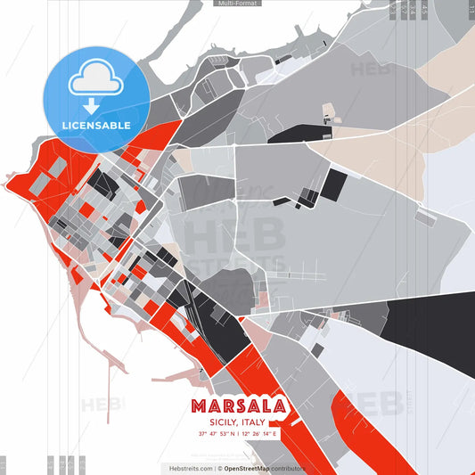 Marsala, Sicily, Italy - modern street map poster template with gray and red tones