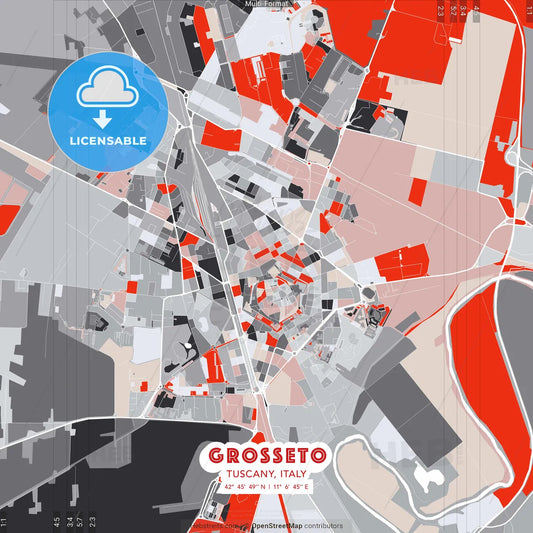 Grosseto, Tuscany, Italy - modern street map poster template with gray and red tones