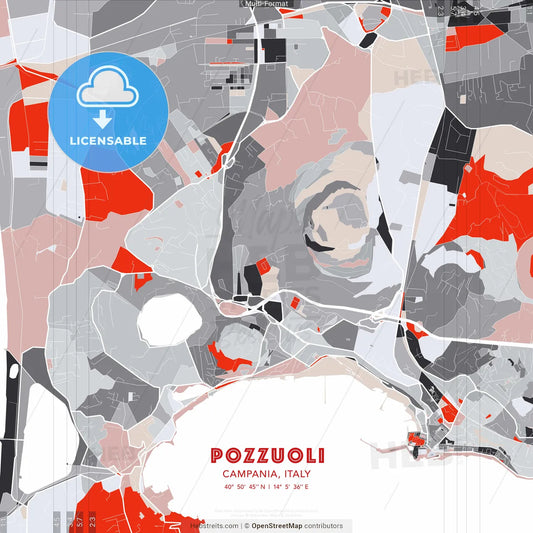 Pozzuoli, Campania, Italy - modern street map poster template with gray and red tones