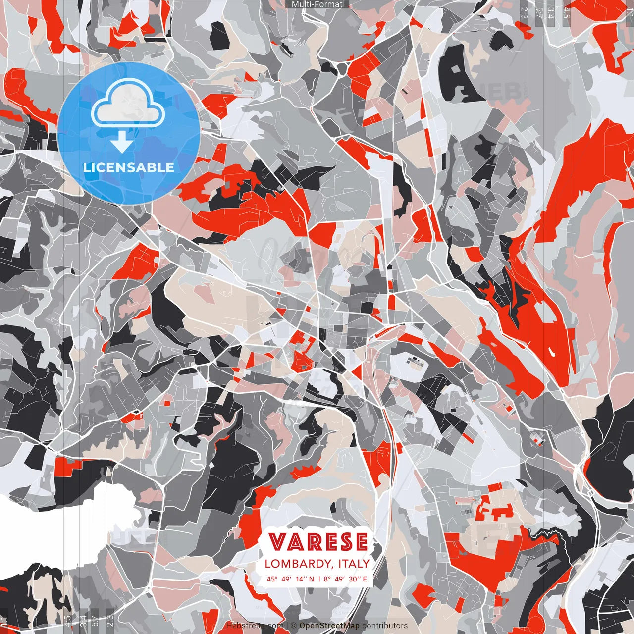 Varese, Lombardy, Italy - modern street map poster template with gray and red tones